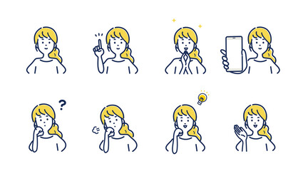若い女性の表情とジェスチャーのイラスト素材セット
