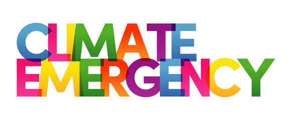 CLIMATE EMERGENCY words vector illustration. Colored rainbow text. Vector banner. Corporate concept. Gradient Text. Transparency Letters. Vector illustration