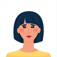 crying girl portrait. Upset brunette avatar. Universal design for blogging, articles. Vector illustration, flat