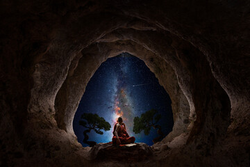 Buddhist monk meditation from a natural cave - obrazy, fototapety, plakaty