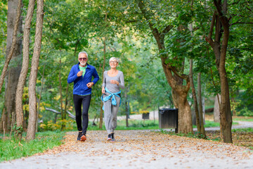 Smiling senior couple jogging in the park. Sports activities for elderly people.