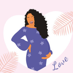 Happy pregnant woman in a purple dress hugs her belly. Medicine and health. Pregnancy and motherhood.