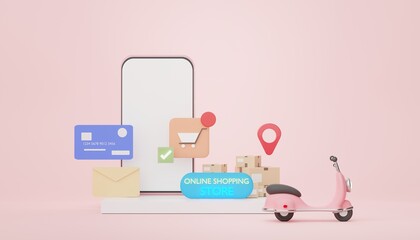 3d render Minimal mini mobile phone or smartphone with credit cards. Mini Scooter parcel delivery on pastel background. Shopping online store application.