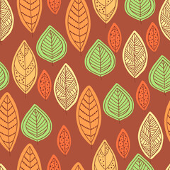 Obraz premium Colorful autumn leaves pattern cartoon vector. Fall seamless background