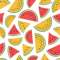 Vector summer seamless pattern of slices and halves of red and yellow watermelon with seeds on a white background. For the decoration of textiles, tableware, printed materials