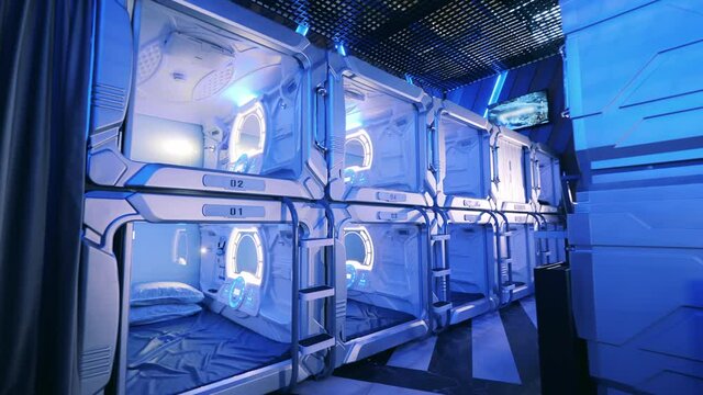 Pod hotel with multiple guest rooms