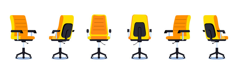 Office chair in front, side and back angles. Armchair set in various points of view. Flat vector illustration of an empty office desk chair. - obrazy, fototapety, plakaty