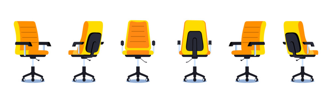 Office chair in front, side and back angles. Armchair set in various points of view. Flat vector illustration of an empty office desk chair.