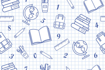 Seamless school pattern with stationery on a checkered background. School notebook, globe, pencils, books, backpack, numbers. Back to school. Vector monochrome illustration