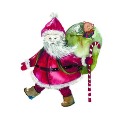 Santa Claus with a bag and a staff retro illustration. Watercolor illustration with Santa Claus carrying a bag of gifts.
