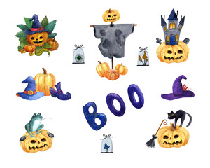 Happy Halloween. Set of different elements for party design isolated on white background.
