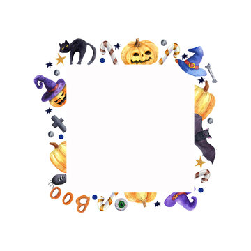 Halloween party. Hand drawn watercolour frame isolated on white background.
