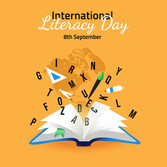 International Literacy Day Illustration With Open Book - obrazy, fototapety, plakaty