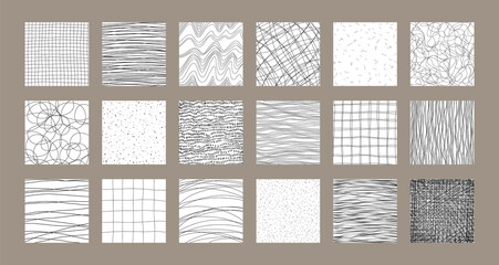 Set of abstract backgrounds and hand drawn textures. Simple doodle dots, strokes, stripes, lines. Vector illustration isolated on white. Template for social networks, posters, prints