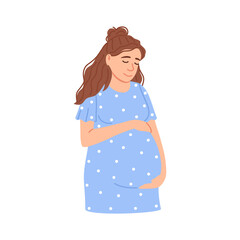 Flat pregnant woman portrait isolated on white background. Beautiful Caucasian expectant woman holding belly waiting for baby birth. Happy young adult mother. Anticipation cartoon vector illustration.
