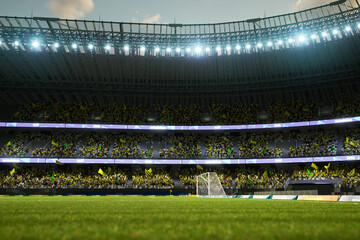 Fototapeta na wymiar soccer stadium evening arena with crowd fans 3D illustration. High quality 3d illustration