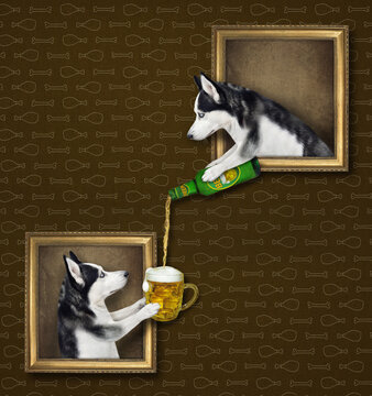 A dog husky is leaning out of the picture and pouring beer ito a mug of his friend at an art gallery.