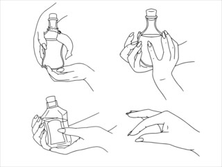 Female hands with in different poses. Line drawing. Vector illustration isolated on white background.