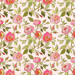 Cute floral pattern of pink roses flowers. Seamless print with garden flowers on pink background. Vintage collection. Vector illustration