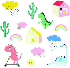 Obraz premium The city of dinosaurs. Three colorful dinosaurs walk among houses, cacti, clouds and the sun. Set about the weather: sun, clouds, rain and rainbows. Three colorful dinosaurs are riding on a scooter.