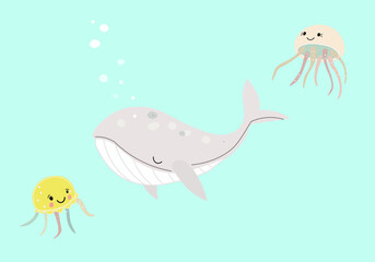 A cute whale is swimming in the ocean with two octopuses. Marine illustration. Children's print. Octopuses play with a whale, Blue shades of nature
