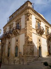 General view of the facade of the Baroque Palazzo Beneventano, Scicli