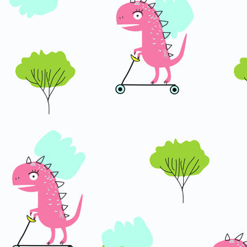 Pink Tyrannosaurus rides a scooter among cacti.Children's Illustration with a Tirex

N