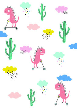 A dinosaur rides a scooter among cacti. Pink Tyrannosaurus have fun .Children's Illustration with a Tirex