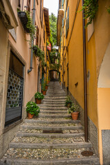 Bellagio, Como lake, Lombardy, Italy. Editorial picture of small narrow alleys and stairs in the city of BellagioBellagio Como lake