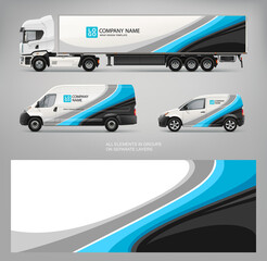 Realistic vector Van, truck trailer mockup set with blue wrap decal for livery branding design.  Abstract graphic of blue and black stripes wrap, sticker and decal design for transport - obrazy, fototapety, plakaty