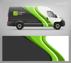 Realistic service Van mockup and wrap decal for livery and branding identity design. Abstract graphic of green and black stripes Wrap, sticker and decal design for company van or racing car - obrazy, fototapety, plakaty