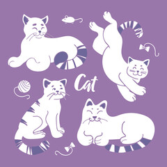 A bright set of cute white cats in different poses on a purple background. Pets in pastel colors. A ball of wool, a toy mouse, bows. For stickers, posters, postcards, design elements. In a flat style