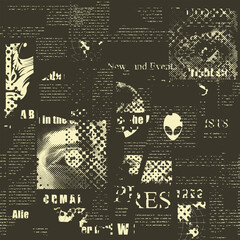 Abstract seamless pattern with illegible newspaper text, titles and illustrations on a dark backdrop in grunge style. Monochrome vector background, wallpaper, wrapping paper or fabric on aliens theme