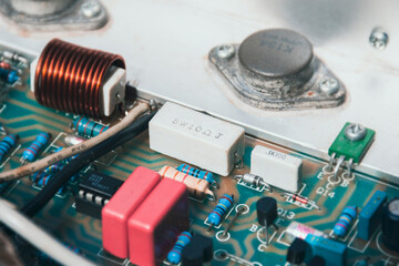 Ceramic cement resistor and electronics component on electronic circuit board - obrazy, fototapety, plakaty