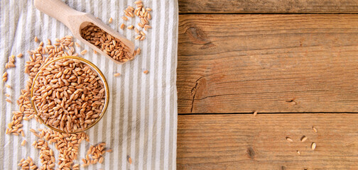 Wholegrain uncooked raw spelt farro in a bowl on napkin with wooden scoop on wooden background, top view