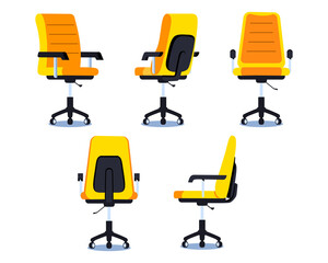 Office chair in front, side and back angles. Armchair set in various points of view. Flat vector illustration of an empty office desk chair.