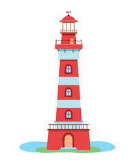 Lighthouse on the background of the sea. Icon. Flat vector illustration