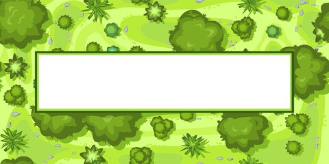 Top view of the landscape from a height. Green summer scenery with trees. With place for text. Seamless illustration in flat style. Cartoon design. Vector.