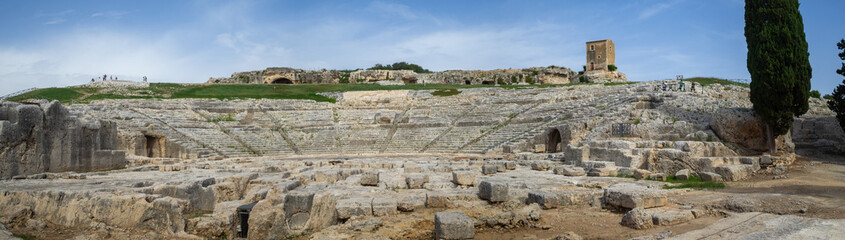 Fototapeta na wymiar Syracuse Greek Theater panorama from the stage area