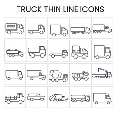 A set of truck thin line icons stock illustration. The icons include many types of trucks, like  Delivery,  semi-trailer truck, Tank, Pickup, flatbed, mail, Box, construction, dump truck tipper,fuel