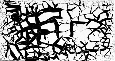 Cracked peeling white paint, background texture. Weathered rough painted surface with patterns of...