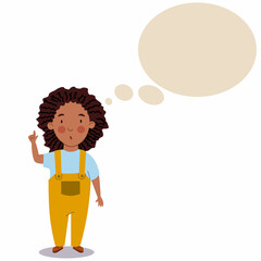A dark-skinned girl with dreadlocks in a jumpsuit. The child is thinking about some idea. The student thinks about it. cloud for text. Vector illustration on a white isolated background.