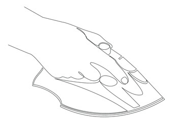 Silhouette of a hand with an iron, a man stroking in a modern one line style. Continuous line drawing, aesthetic outline for home decor, posters, wall art, stickers, logo. Vector illustration.