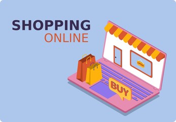 Online shopping design concept with laptop. Mockup laptop and shopping. Isomeric 3D vector illustration. Popular flat colors.