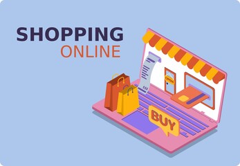 Obraz premium Online shopping design concept with laptop. Mockup laptop and card paying. Popular flat colors. Isomeric 3D vector illustration.