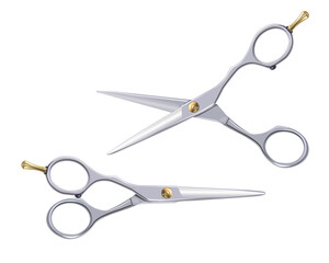 Hairdresser scissors. Naturalistic 3D professional hairdresser scissors with gold elements isolated on white background.