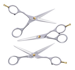 Hairdresser scissors. Naturalistic 3D professional hairdresser scissors with gold elements isolated on white background.