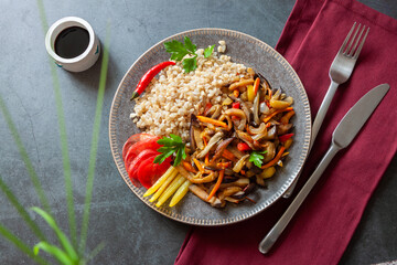 Traditional Korean dish rice with vegetables. Sustainability and healthy living concept. Simple summer food.