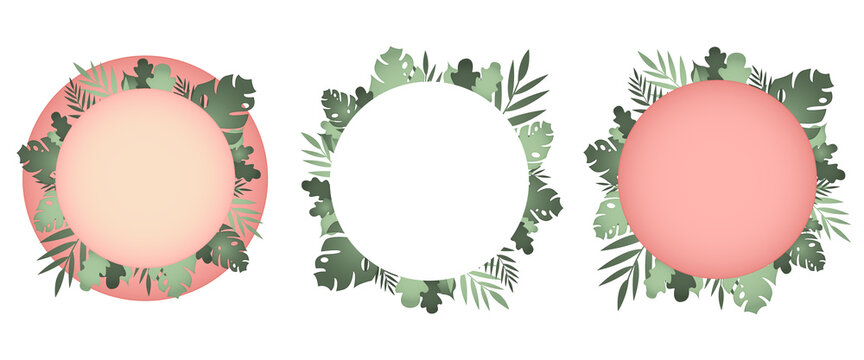 Set of trendy frames with tropical leaves. Summer vector disign.