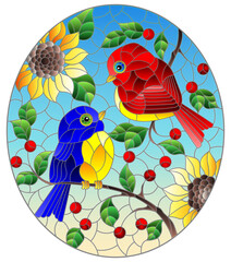 An illustration in the style of a stained glass window with a pair of abstract birds sitting on tree branches and flowers against a blue sky background